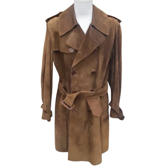 Vintage Aquascutum SZ S/M Rust Suede Men's Double Breasted Trench Coat - Picture 1 of 16